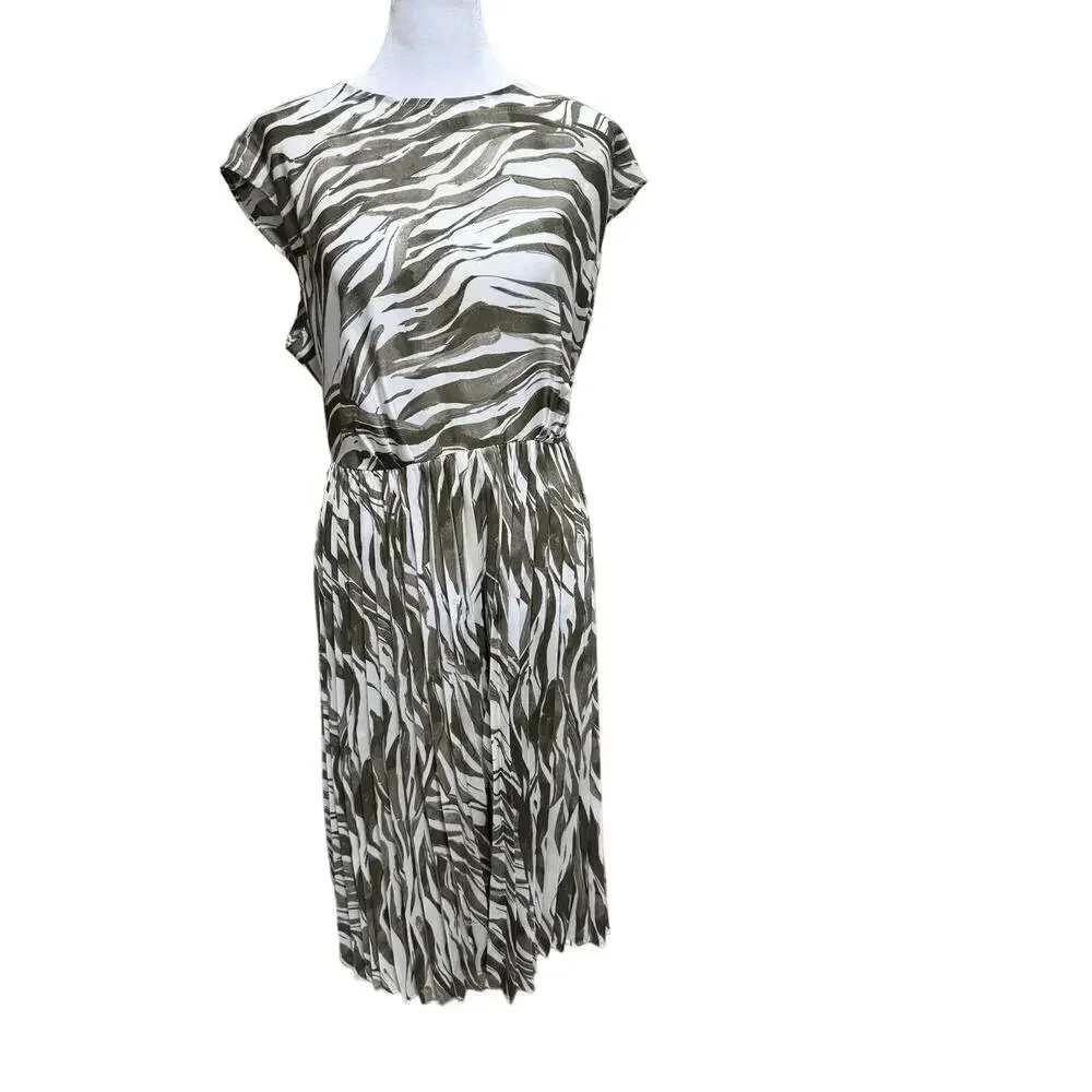 Nine West Pleated Midi Dress Size Large Greenish Brown Cream Zebra Print